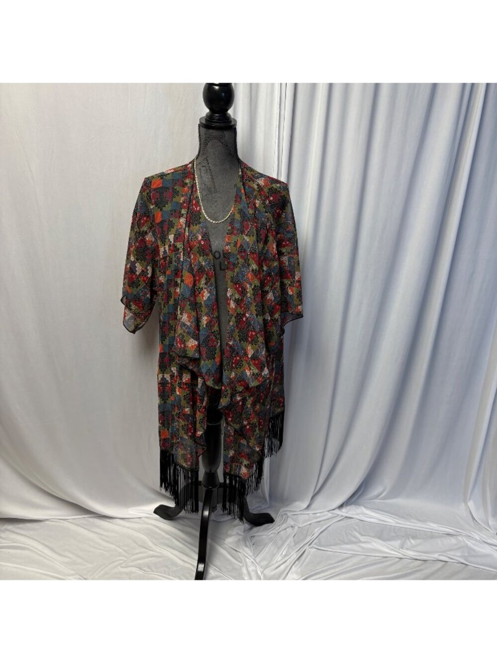 LuLaRoe Patchwork Kimono Cardigan Womens Size Large Fringe Hem Lightweight Boho